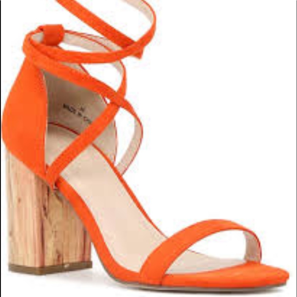 Size 11 London Rag Red/Orange ankle wrap sandal with wood block heel - worn 1X